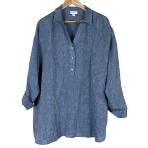 J. Jill Button Down Top Womens L Blue Chambray 100% Linen Coastal Minimalist